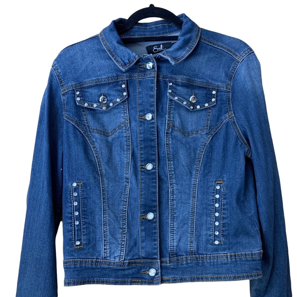 Women's Size Medium Earl Jean Denim Jacket  Jewel Embellishment Fall Winter